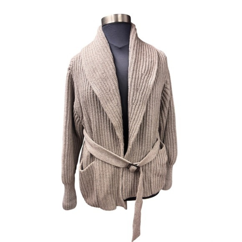 MM LaFleur New York Shawl Collar Ribbed Knit‎ Belted Cardigan Sweater M/L Taupe - Picture 2 of 10